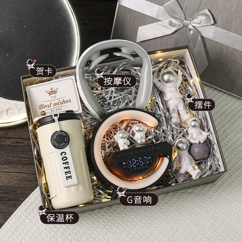 Set 5: tazza thermos+altoparlante wireless+figurine+massaggiatore per il collo