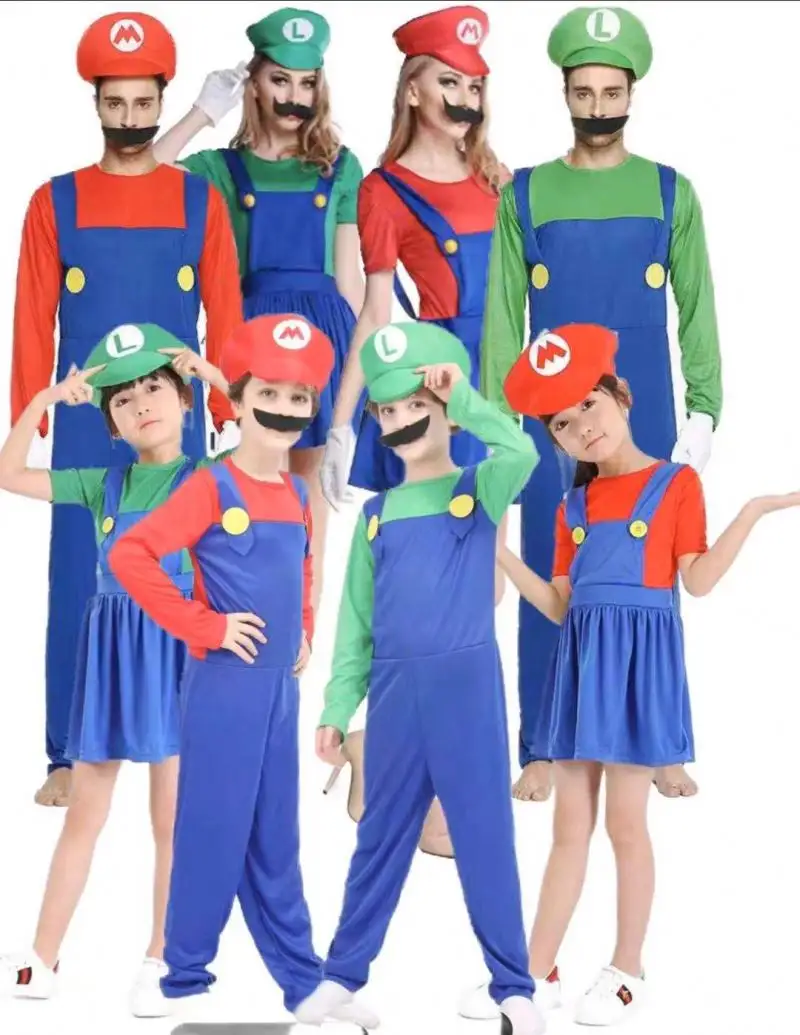 Süper Mario elbise yetişkinler ve çocuklar Mario aile Bros Cosplay kostüm seti çocuk hediye cadılar bayramı partisi MARIO & LUIGI giysileri