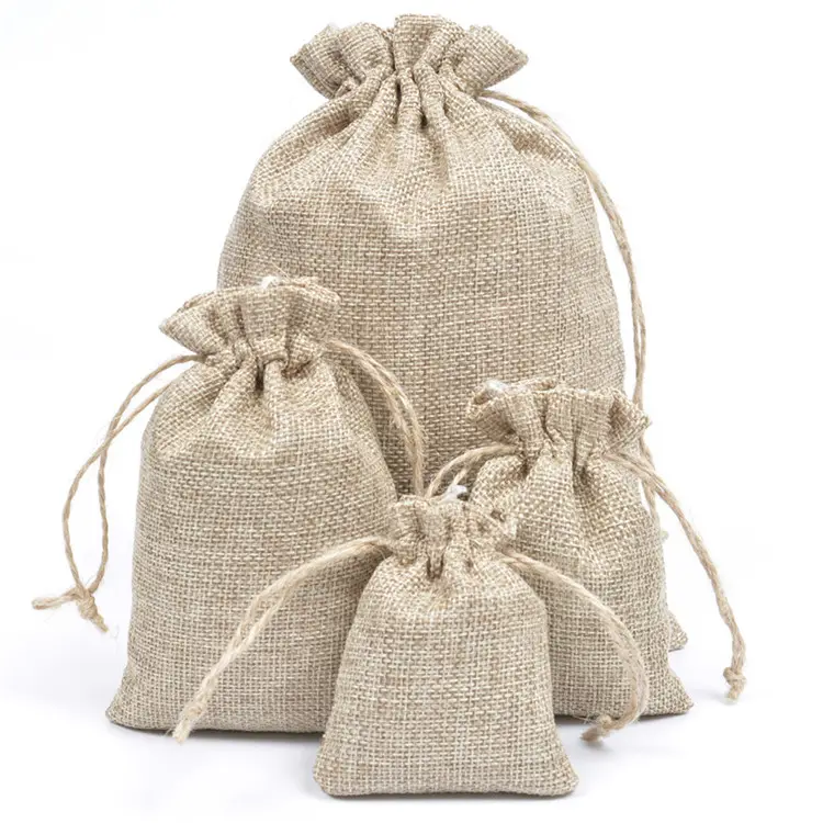 Bolsas de arpillera de lino duraderas, de alta calidad, con logotipo personalizado, promoción, cordón de yute, tamaño personalizado, bolsas de regalo
