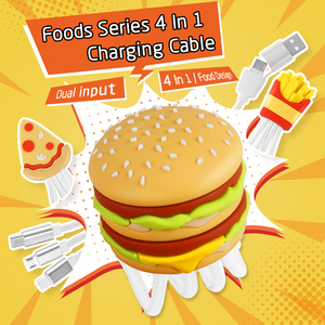 Creativity Food Pizza Design 4in1 Charger Cord Multi <strong>Input</strong> USB C Nylon Braid Type C Universal USB 4 in 1 Charging Cable