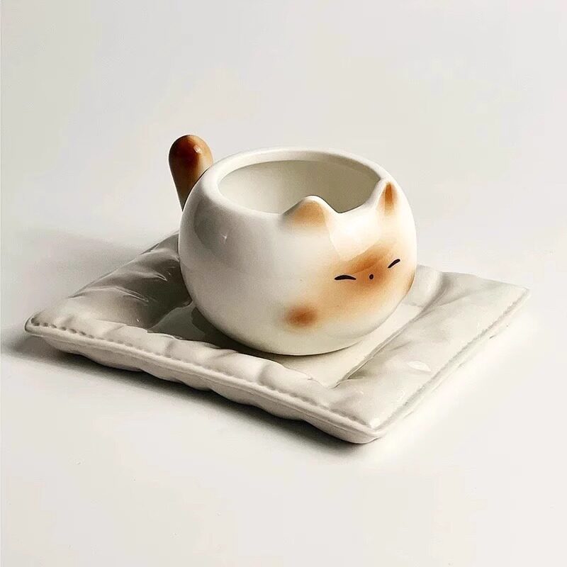 Brown Siamese cat coffee cup-smiling face with saucer-210 ml