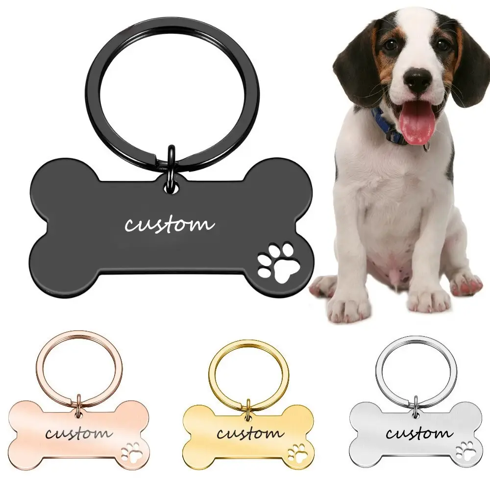 Etiqueta de perro en forma de hueso de acero inoxidable, chapa personalizada con Nombre de mascota, letras de identificación, antipérdida, venta al por mayor