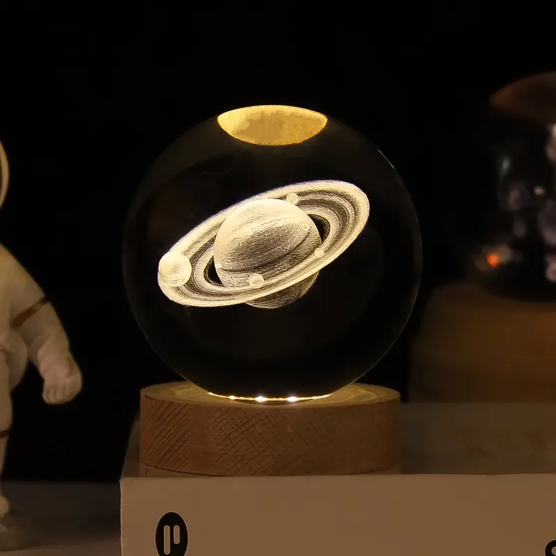 3D Saturn Planet Kristallkugel Nachtlicht Lampe Kristallkugel mit Holzsockel