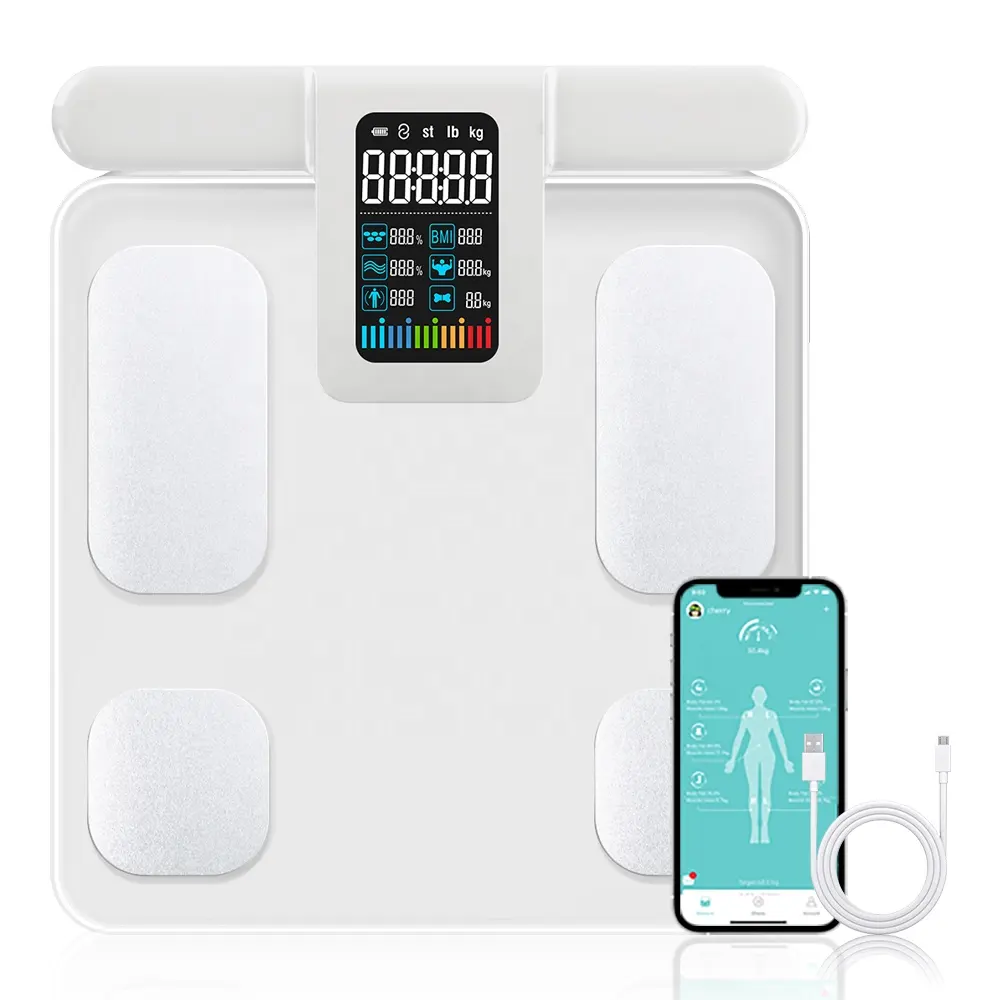 Báscula inteligente Digital precisa para grasa corporal, 8 electrodos, USB alimentada por pantalla de cristal, capacidad de 180kg, báscula Personal con pesaje OEM OBM