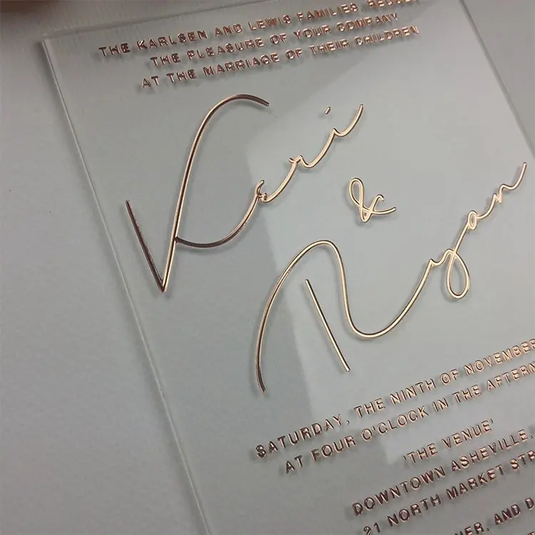 Personalizado Transparente Real Rose Gold Foil Imprimir Convites Design Acrílico Cartão De Casamento