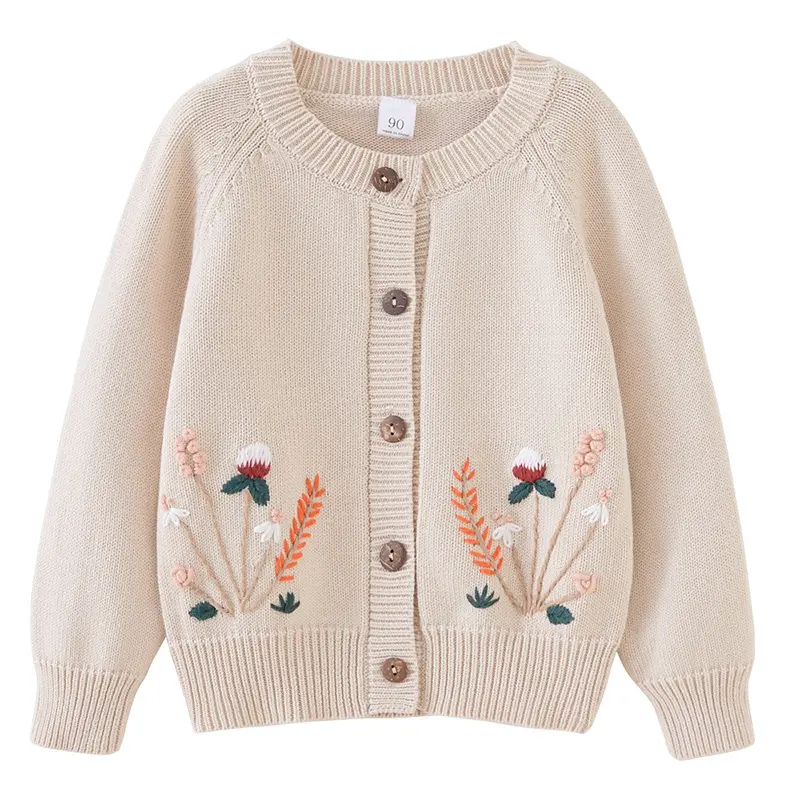 Primavera e Outono bordados à mão em torno do pescoço algodão fio meninas malha cardigan casaco infantil camisola do bebê