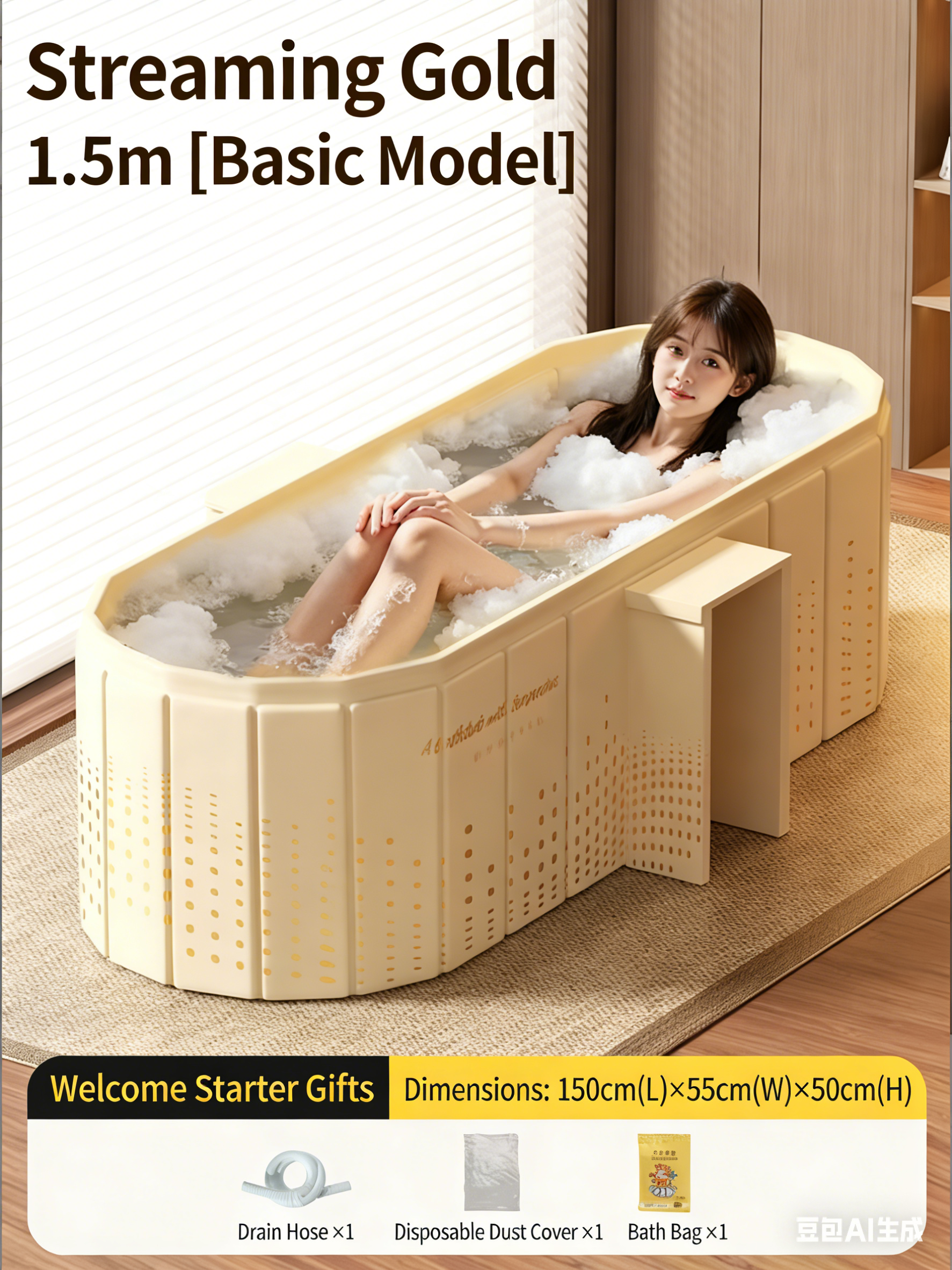 Baignoire pliante rythm gold de 1,5 m avec support de rangement intégré