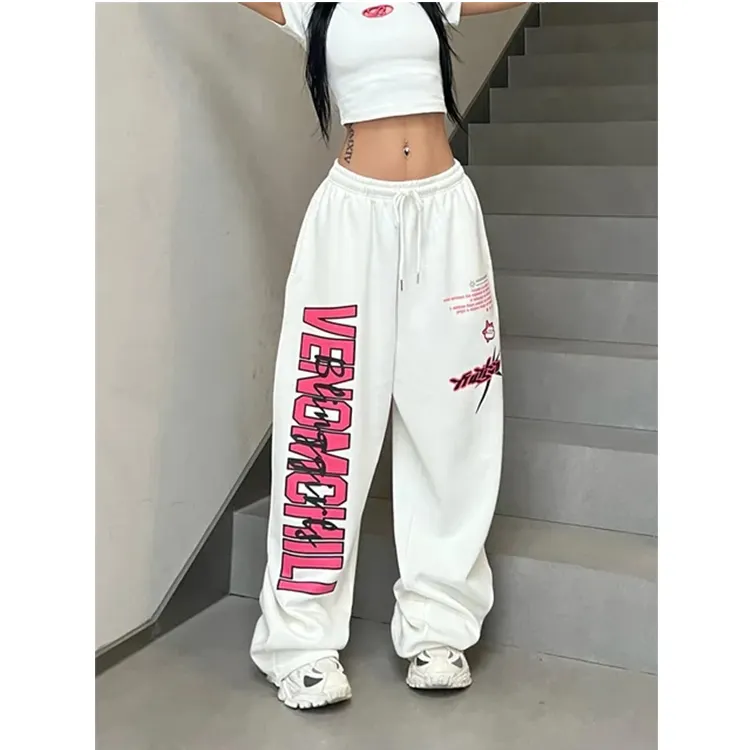 Pantalones de chándal blancos Y2K coreanos para mujer, ropa de calle, pantalones deportivos con estampado de letras Kpop, pantalones de chándal de pierna ancha de Hip Hop de gran tamaño