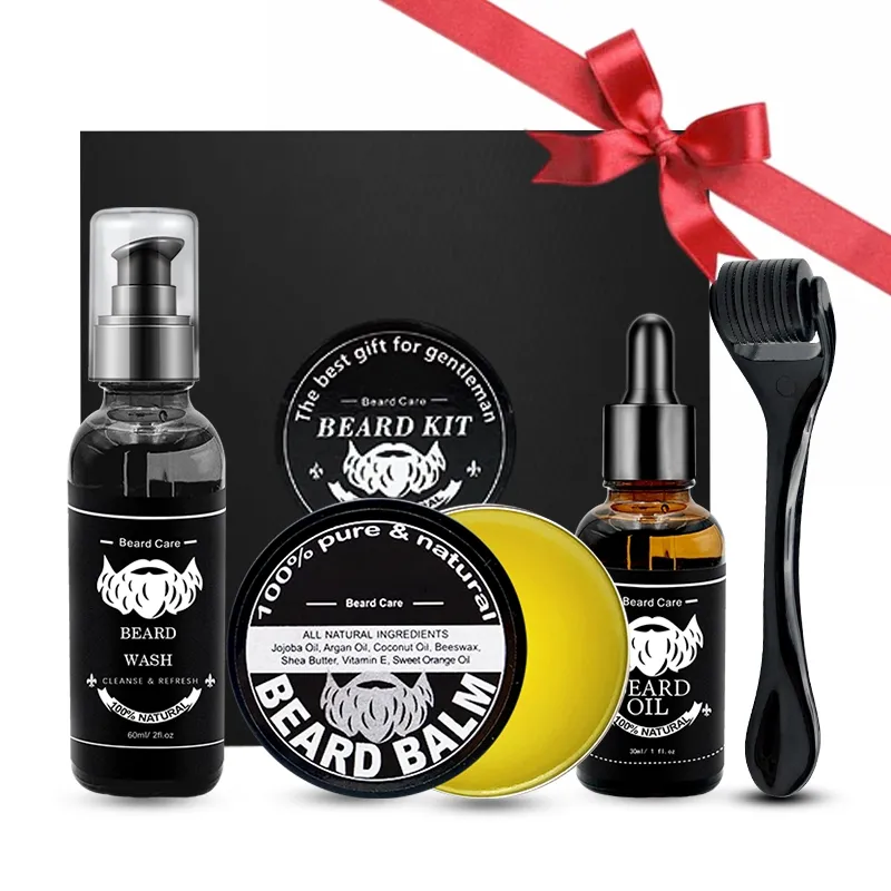 Kit de soins pour la barbe pour hommes, accessoires de toilette, brosse en bois naturel, peigne, baume et huile organique, pour la croissance des poils