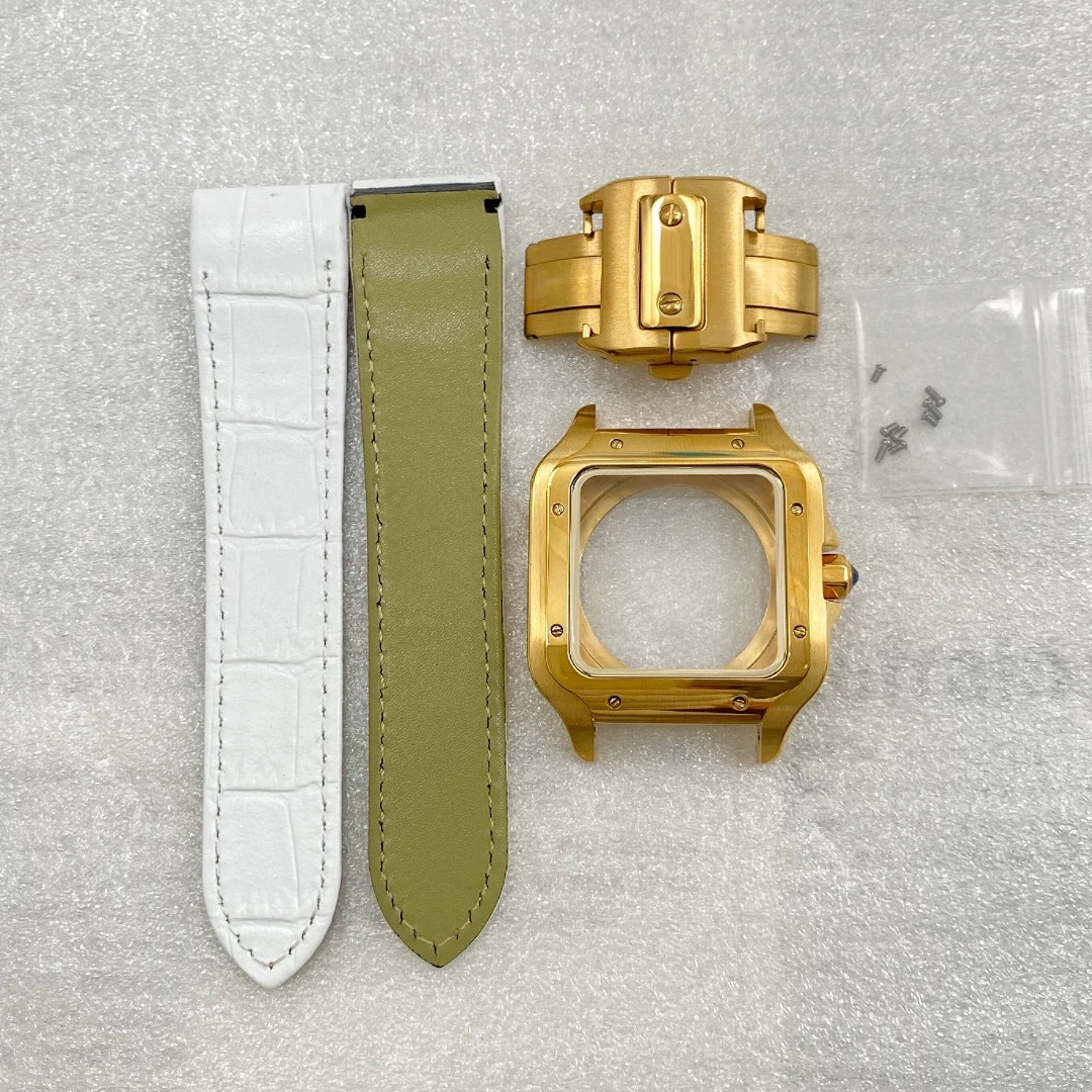 Boîtier doré - Bracelet en cuir blanc