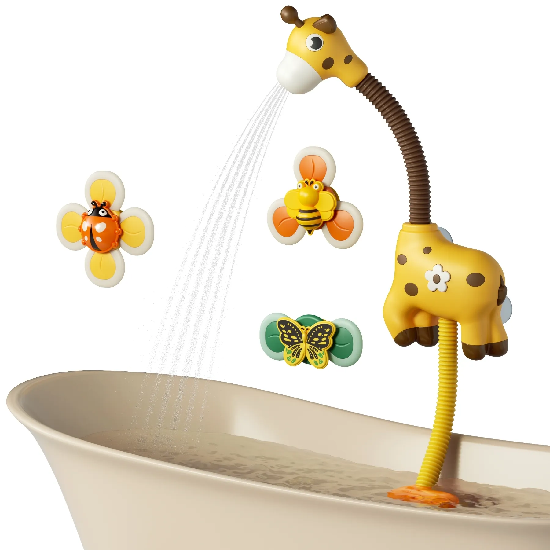 Tumama Kids Giraffe Bath Shower Head Toys Rociador Bomba de agua Bathtime Play Bath Toy Set con 3PCs Spin Baby Toys