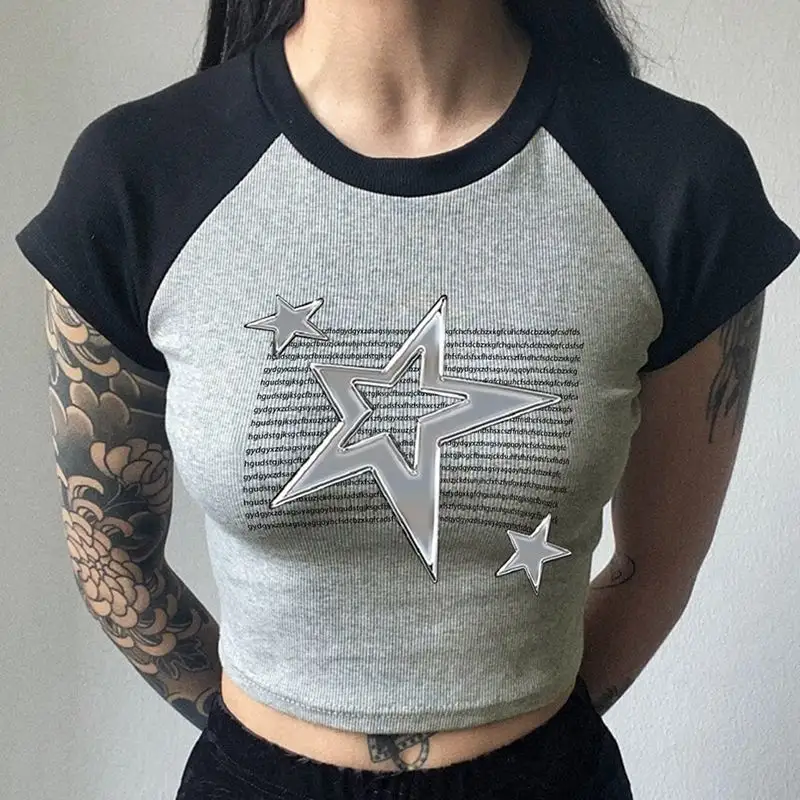 Street metal cinco pontas estrela cor contraste y2k, camiseta curta sexy slim fit para mulheres verão 2023