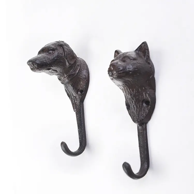 卸売素朴な鋳鉄犬の顔の形の壁ハンガー黒動物猫キーコートフック浴室の家の装飾使用ツールバッグ