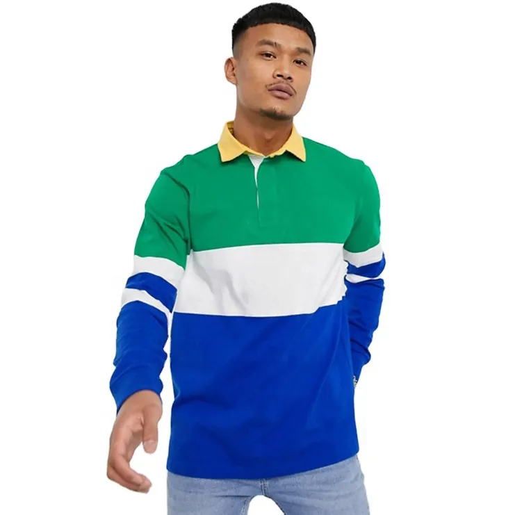 Holesale-Polo de manga larga para hombre, Camiseta deportiva personalizada con bloqueo de color, Polo de rugby de algodón 100%