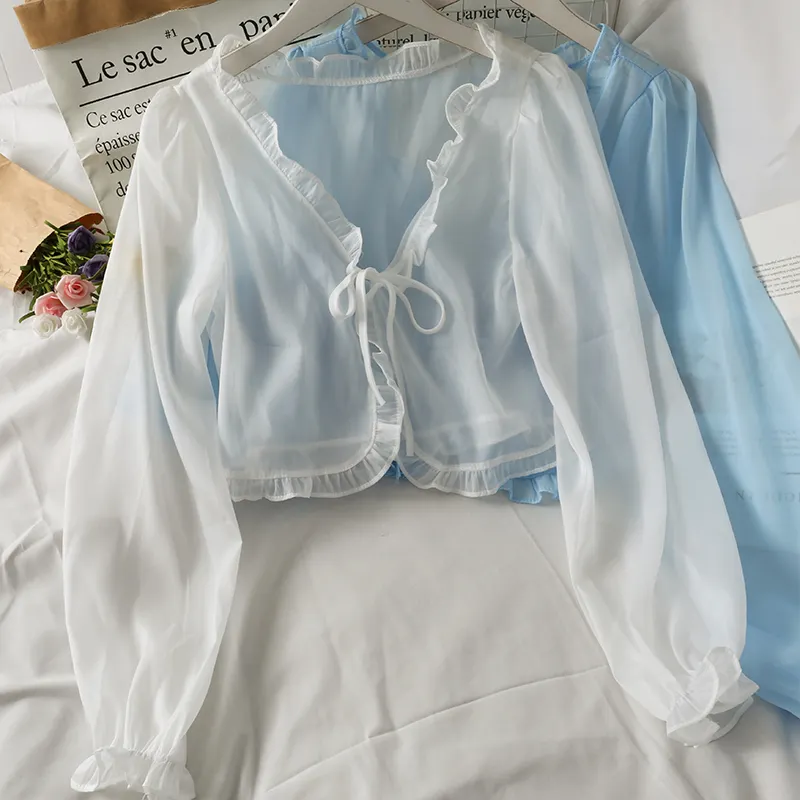 Abrigo fino informal con lazo de encaje para mujer, ropa de protección solar de verano, cárdigan, camisa, Blusa, cubiertas