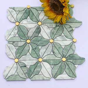 Gạch khảm đá cẩm thạch cắt bằng tia nước, gạch khảm hoa hướng dương bằng thép không gỉ, gạch khảm đá màu xanh lá cây kim loại vàng - Product Image 3
