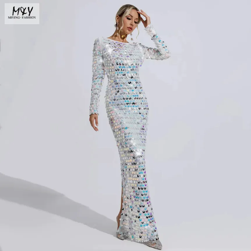 Nouveau automne multicolore robe à paillettes à manches longues hors dos Sexy vêtements de fête mode élégant Sexy femmes Star Club robe de soirée