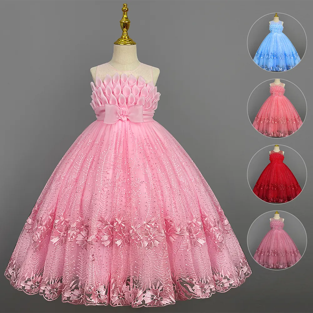 Princesa elegante Lace Dress Crianças Flor Bordado Vestidos Para Meninas Crianças Vintage Vestidos Para Festa De Natal Vestido De Baile Vermelho