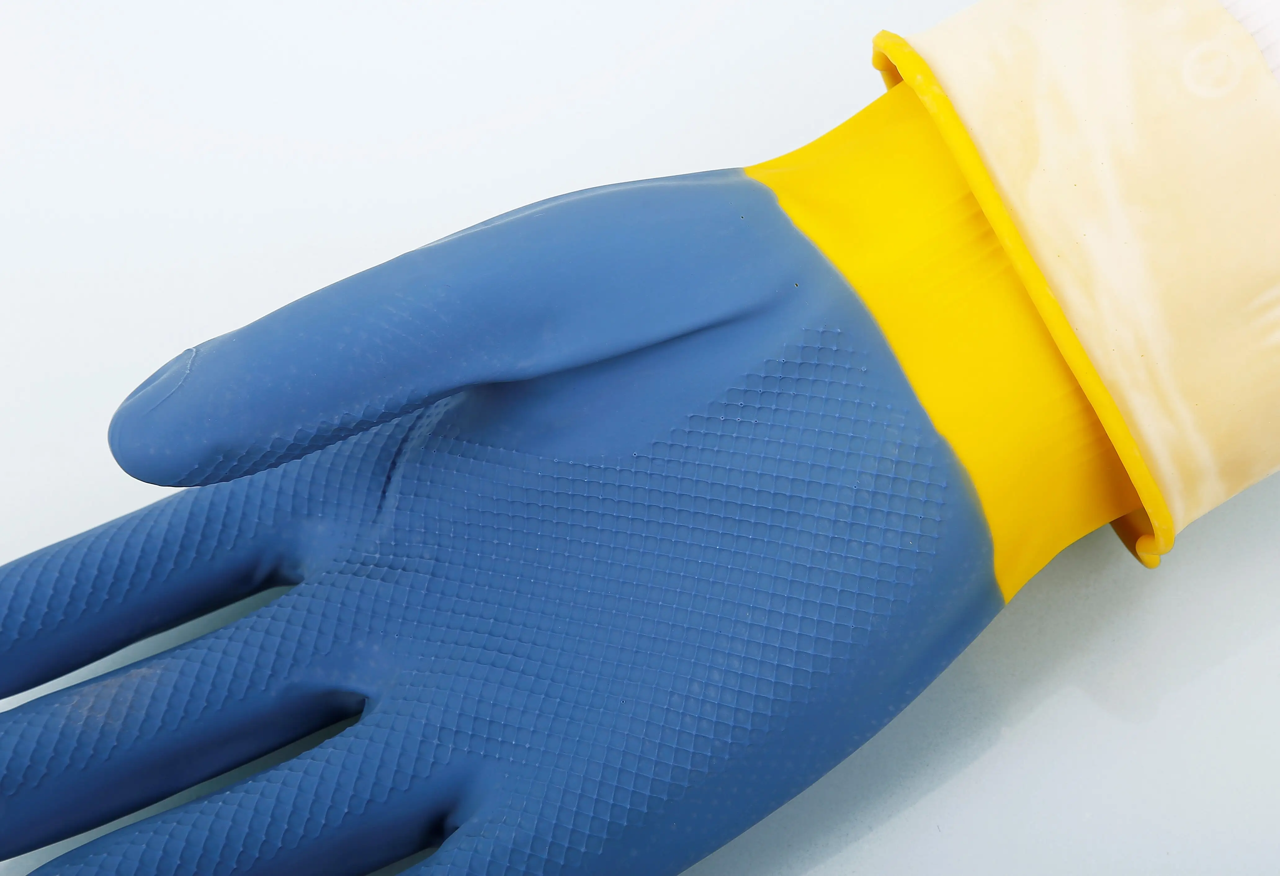 Nuovi prodotti caldi giallo e blu bicolore in lattice per uso domestico guanti in lattice da cucina per la pulizia universale e lavastoviglie guanti in lattice