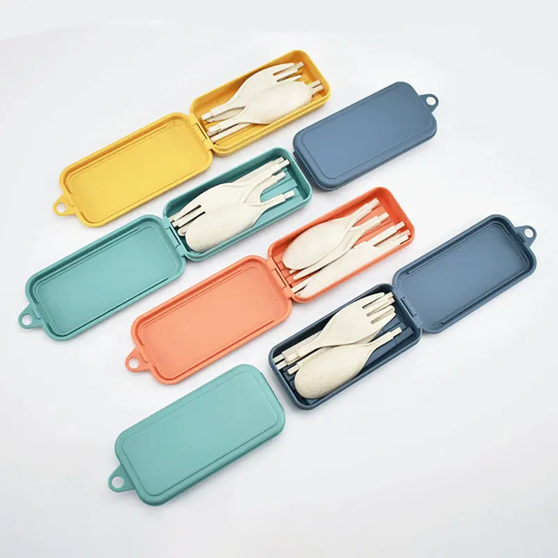 4 pezzi eco-friendly Set di stoviglie portatile forchetta coltello cucchiaio bacchette da viaggio paglia di grano posate Set con scatola