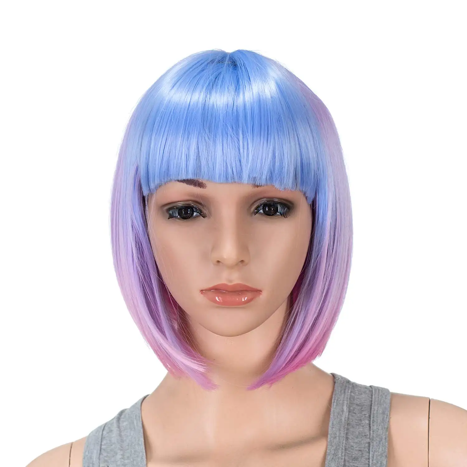 Colorido Curto Bob Corte Perucas Cabelo Humano Rainbow Colorido Ombre Pastel Rosa Roxo Azul Cosplay para Meninas Mulher