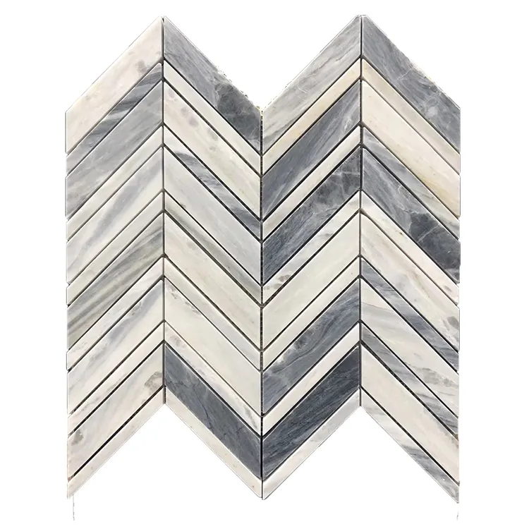 Piastrelle a mosaico serie venature del legno bianche e grigie Chevron in pietra naturale lucidata per piastrelle in ceramica a mosaico smaltato per bagno per artigianato