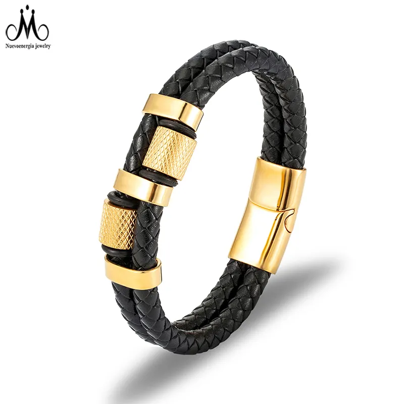 Pulseira masculina, pvd 18k ouro aço inoxidável bracelete de couro personalizado