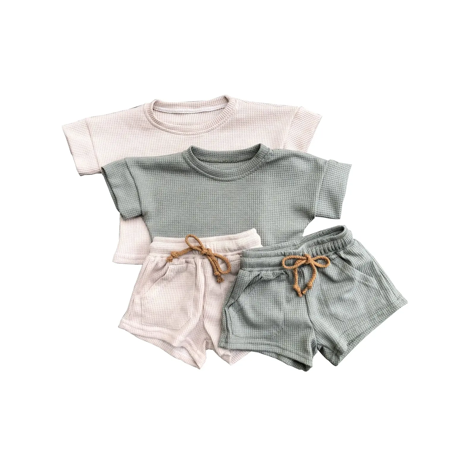 कस्टम वफ़ल बुनाई कपास ग्रीष्मकालीन बेबी टॉडलर बच्चों के छोटे कपड़े सूट कपड़े सेट