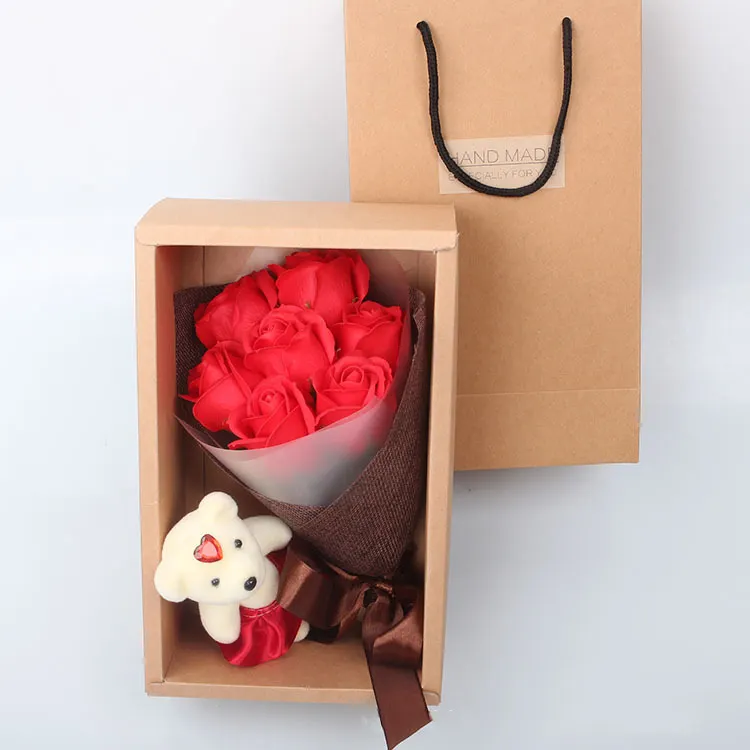 Hot Sale Valentines Gift Box Bloemen Van Zeep Bloemen Groothandel Met Beer Speelgoed Zeep Bloem Cadeau Voor Valentijnsdag