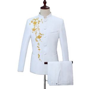 Traje de túnica china con cuello levantado bordado, novedad de verano, traje de boda bordado para hombre, trajes de actuación en escenario