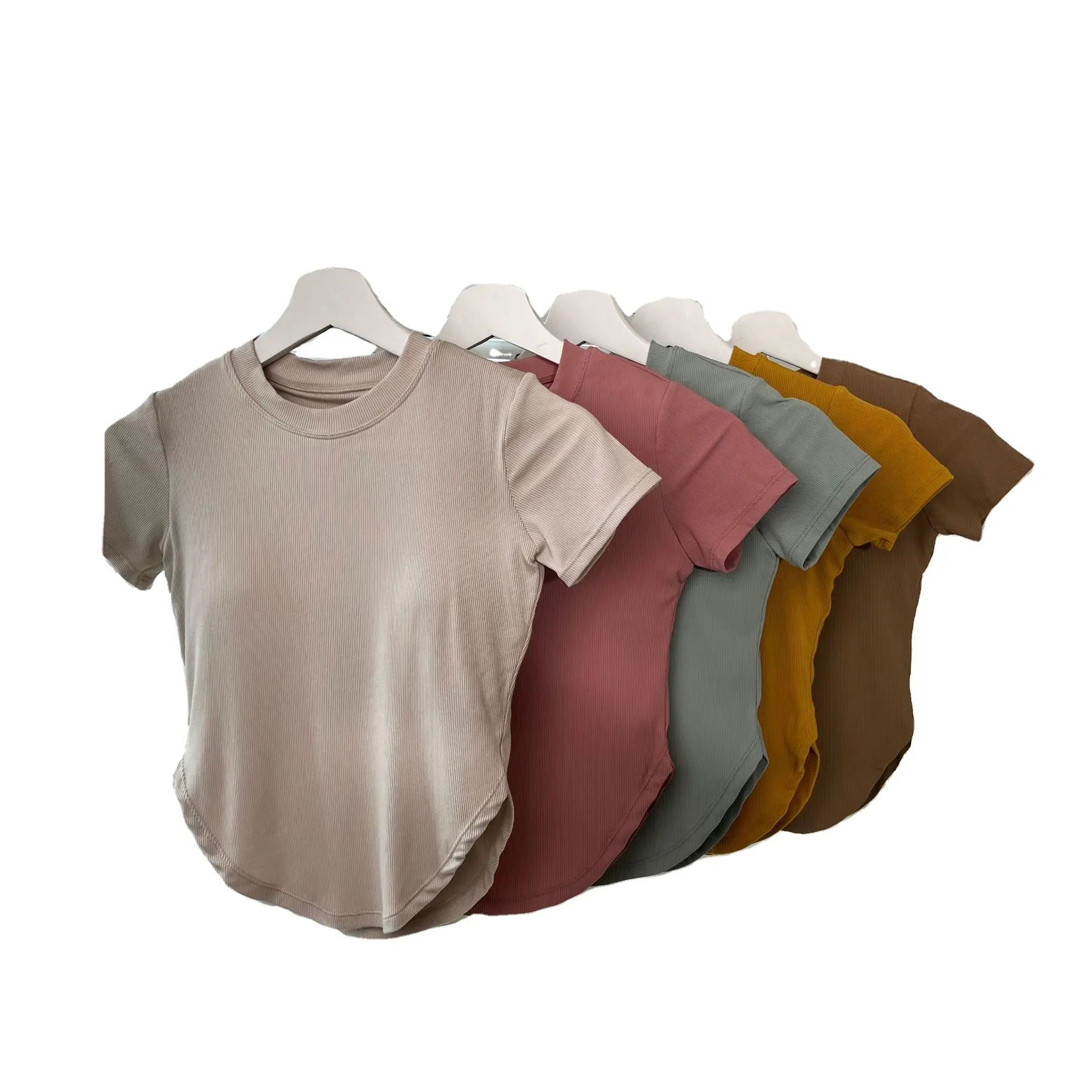 Blusa de manga corta deportiva acanalada con almohadilla en el pecho, ropa de Fitness para mujer, camiseta para correr, Tops de Yoga ajustados con la espalda