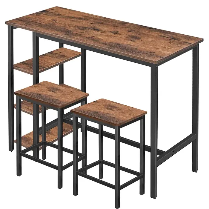 סט שולחן dinning סט של 3 עם רגלי מתכת ועץ מיוצר על עיצוב 2-in-1 העליון של סט אחסון ובר