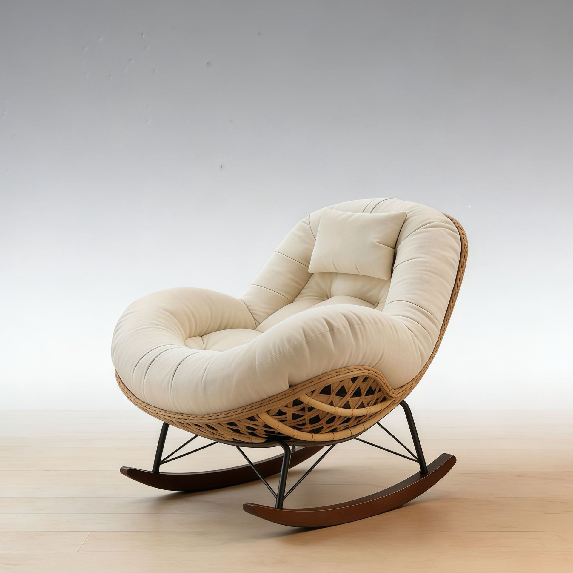 white chenille, hand-woven rattan
