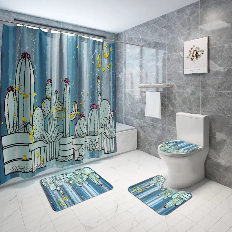 Grosir aksesori kamar mandi mewah Set 3-Piece tikar dan Toilet dicetak poliester tirai mandi desain tahan air