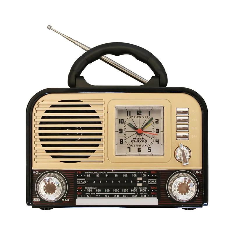 R-071BT-radio portátil retro vintage, reloj despertador de banda múltiple con reproductor tf usb con enlace inalámbrico, profesional