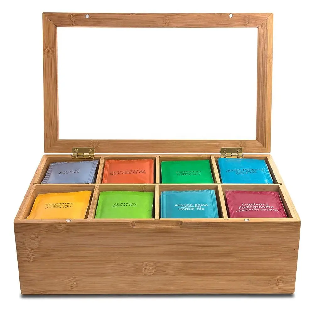Caja de almacenamiento de té de bambú con tapa, organizador de té para bolsas de té, 8 compartimentos con tapa