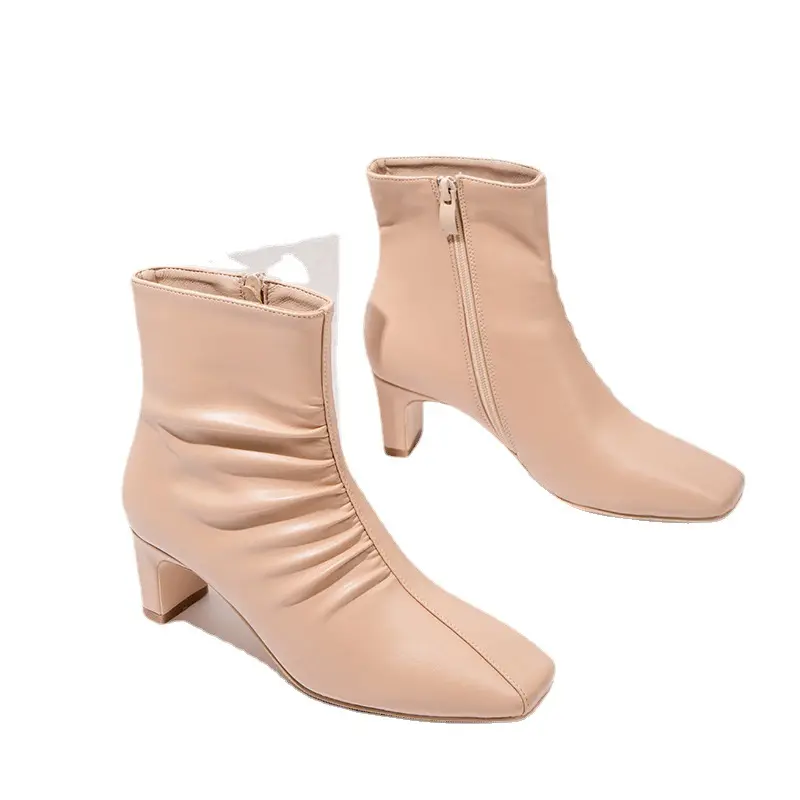 Female 2021 Autumn Winter New Pu Fashion Short Boots Chunky Heel Side Zip Square Toe Leather Boots