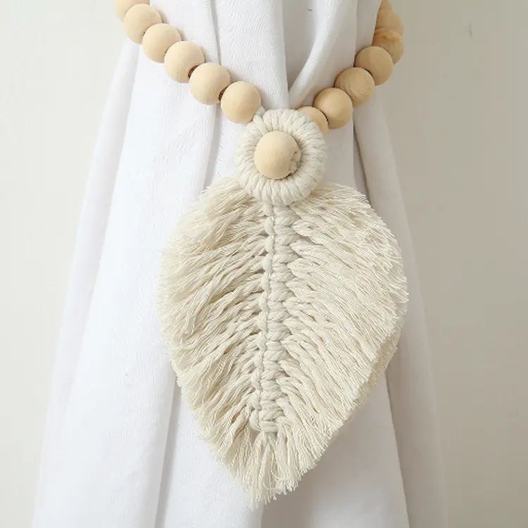 F2203 nordic handmade boho living room macrame curtain tieback custom leaf macrame wooden beads hotel curtains tie rope