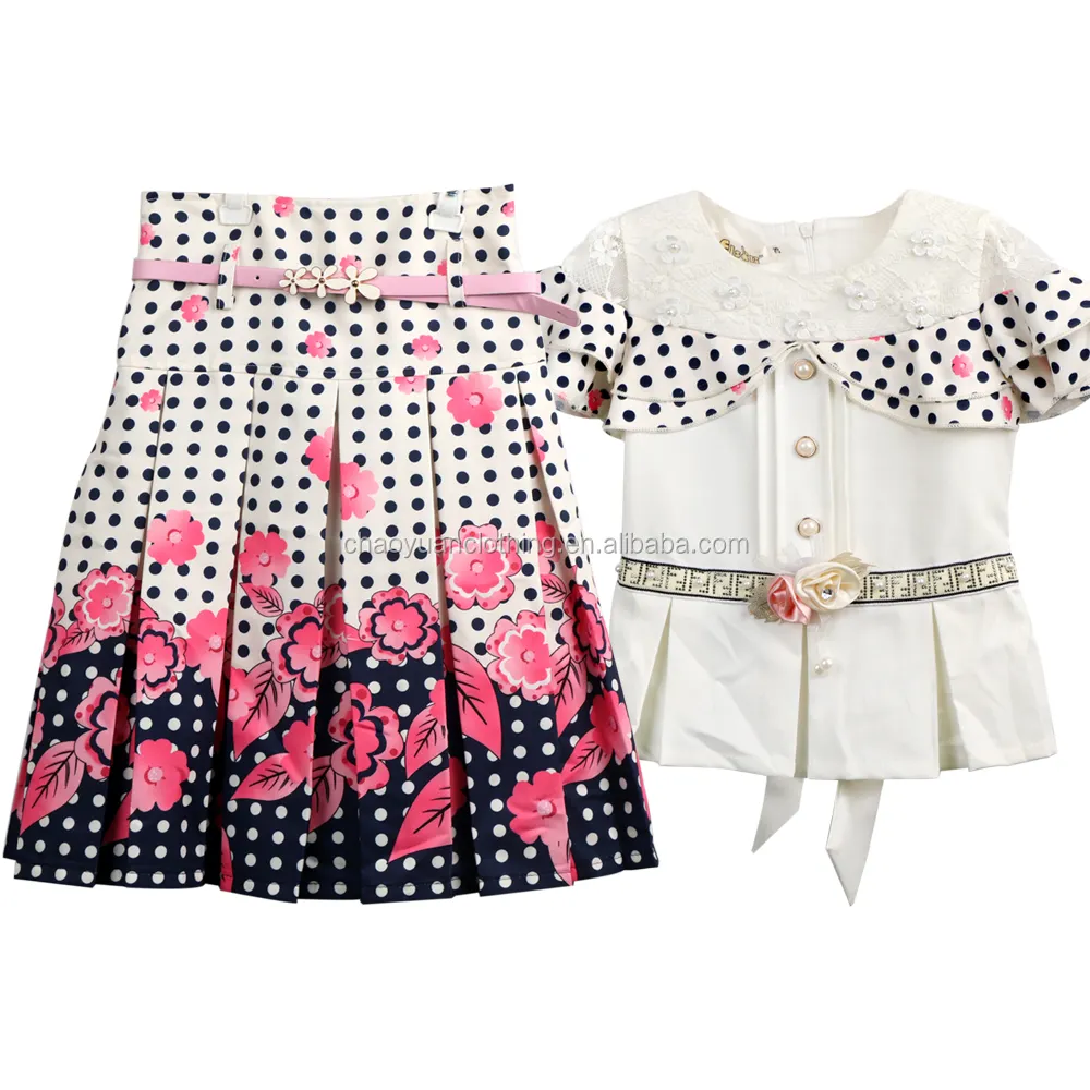 गर्म बिक्री फैशनेबल छोटी बच्चों फैंसी पोल्का डॉट पुष्प दो टुकड़े सेट लड़कियों के कपड़े