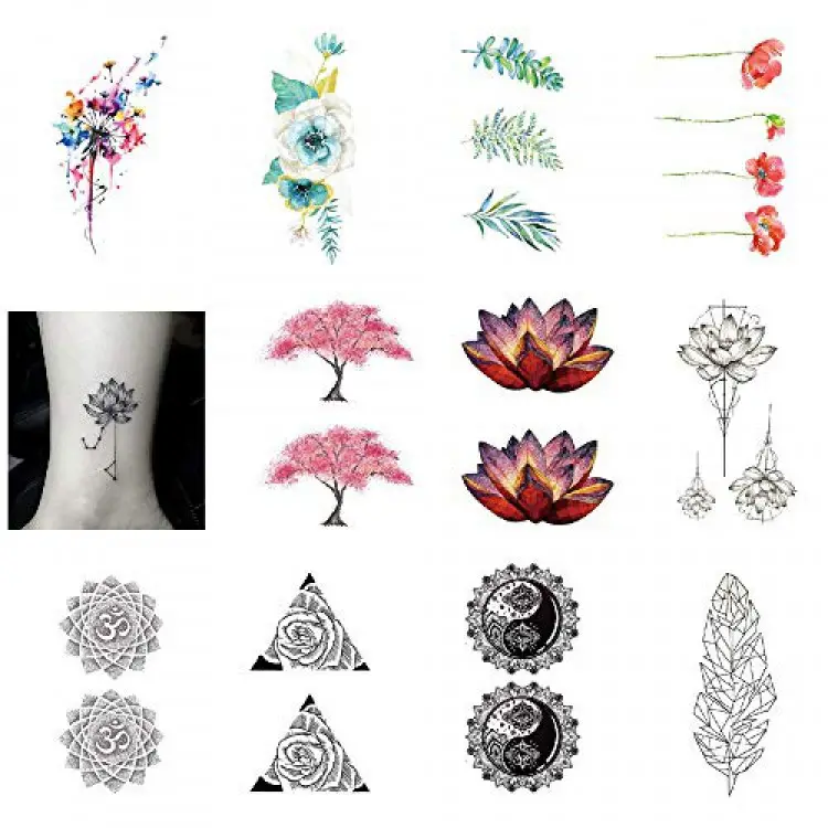 Tatuaje temporal de flores de loto, rosa, girasoles, acuarela, resistente al agua, arte corporal, mano, brazo, espalda