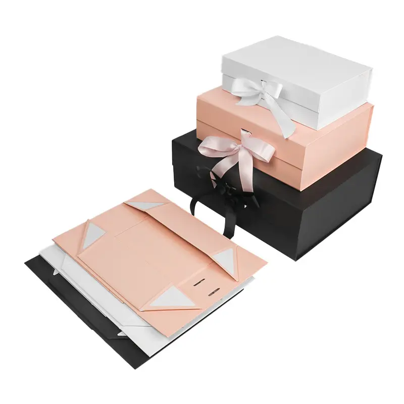 กล่องของขวัญกระดาษแข็งแข็งสไตล์พับได้พร้อมริบบิ้นกล่องบรรจุภัณฑ์แบบกำหนดเองผู้ผลิตชั้นนำ