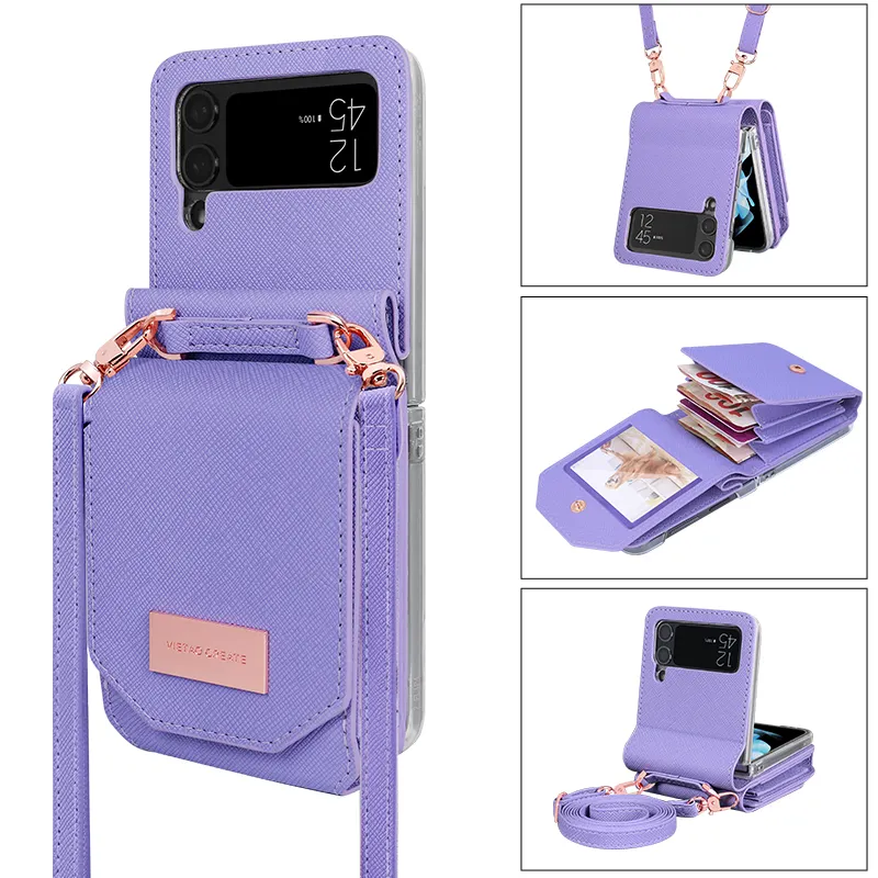 VIETAO caso carteira telefone celular com alça de corpo transversal para Samsung Galaxy Z flip 3 4 PU caso bolsa de telefone celular com alça de ombro