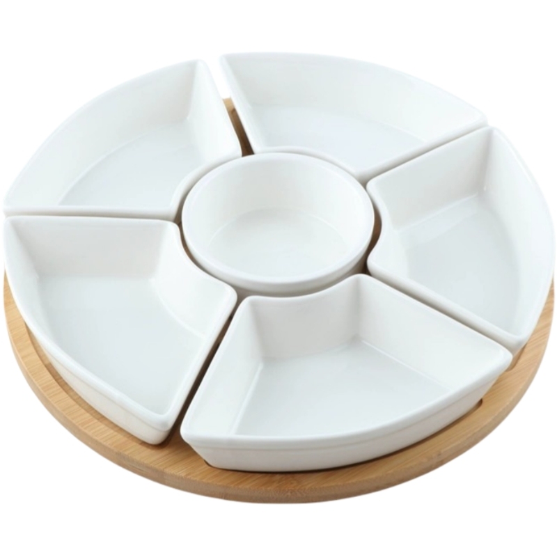 Blanc ((Céramique + assiette en bambou)