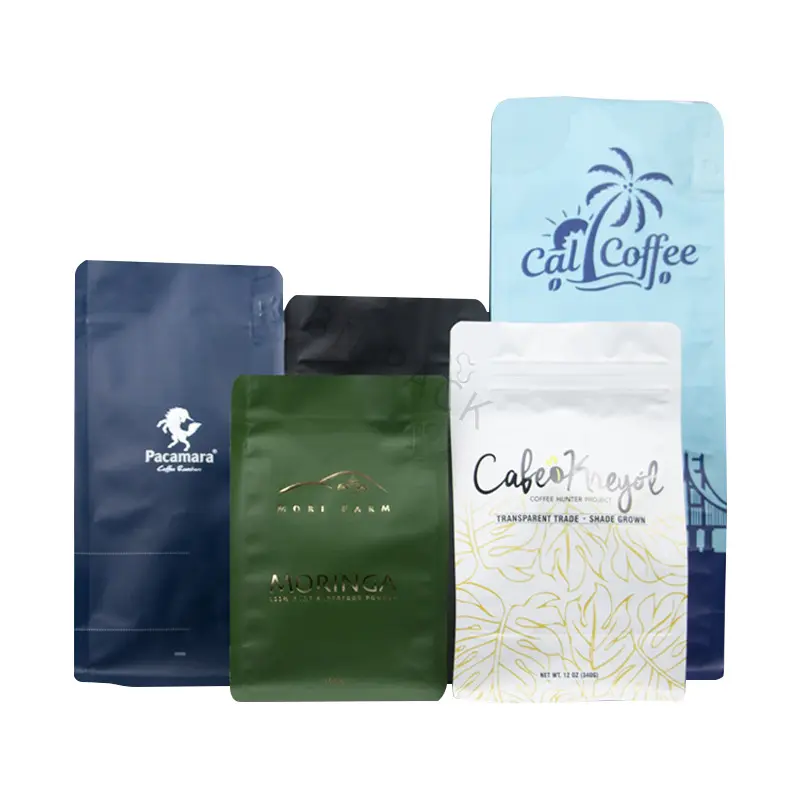 Gousset latéral d'emballage de grains de café noir mat imprimé personnalisé 250g 500g 12oz 16oz sacs de café à fond plat de qualité alimentaire