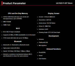 T-Display-S3 AMOLED ESP32-S3ディスプレイ開発ボードRM67162Arduino用1.91インチAMOLEDスクリーンWIFIワイヤレスモジュール - Product Image 6