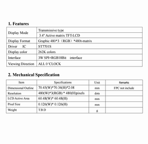 LCD 18 bit RGB 3 dây SPI <span class=keywords><strong>FPC</strong></span> kết nối 40 pin 3.4 inch IPS TFT LCD Bảng điều chỉnh 480*480 262K màu sắc st7701 điều khiển IC 450 nits - Product Image 6