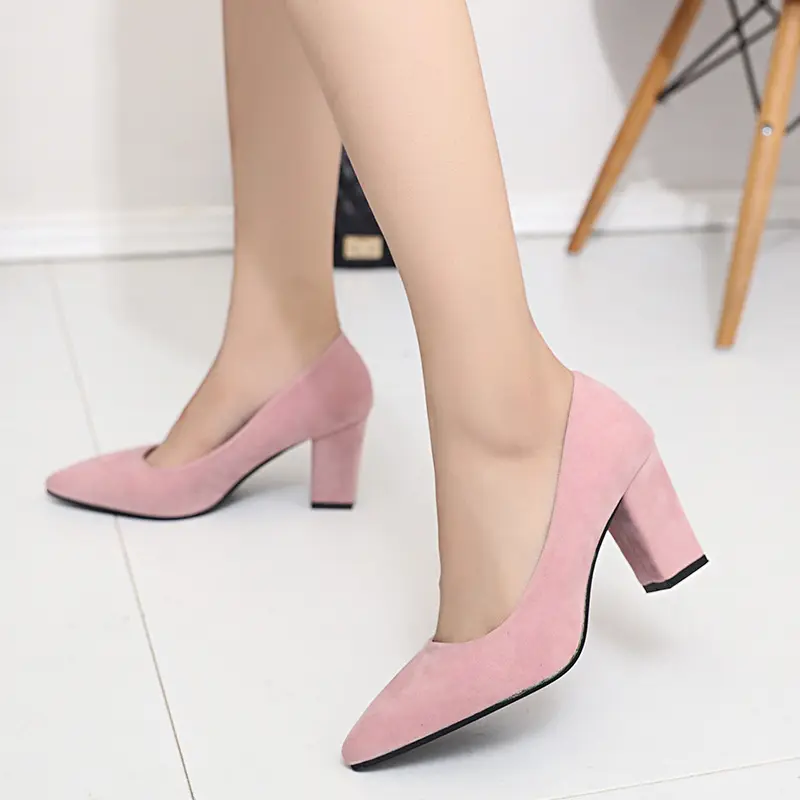 Women Shoes Pointed Leather Dress Shoes High Heels Shoes 4 Colors Suede Straps Thick Rough Heel