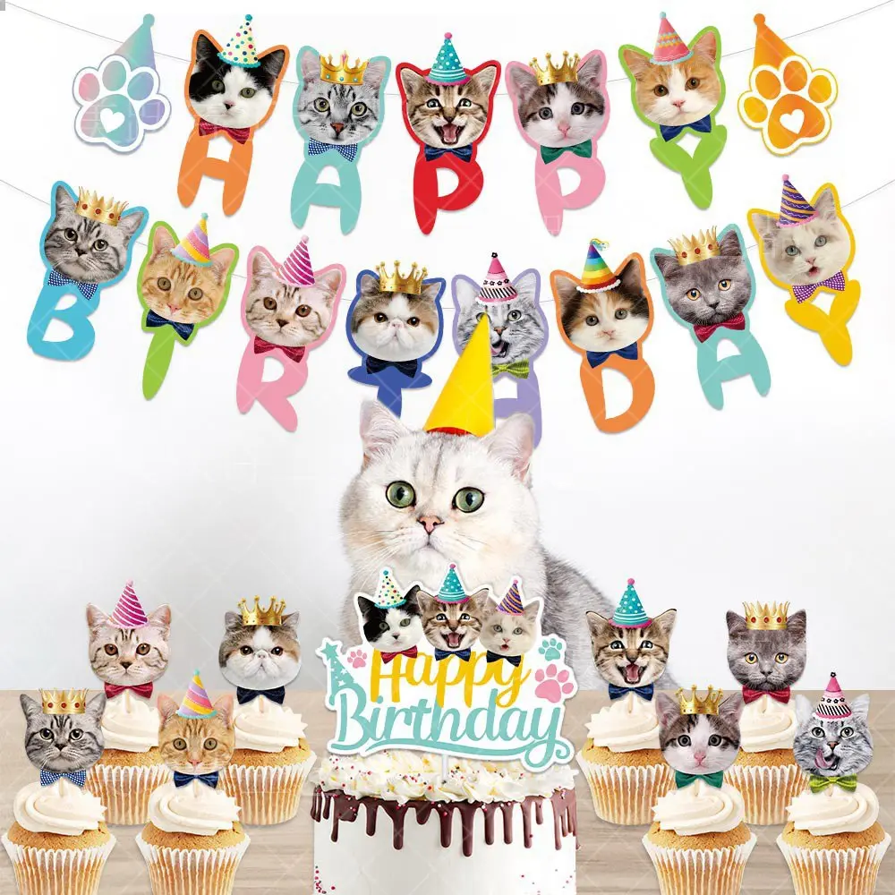 Prezzo basso Dropshipping decorazione della festa di compleanno Cartoon Anime buon compleanno Banner Cute Cat Cake Topper