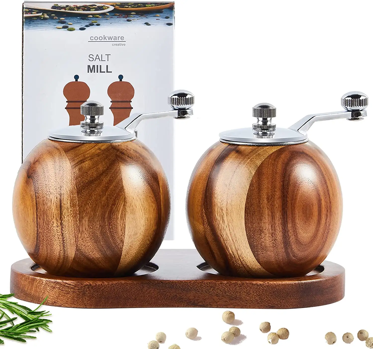 Mulino per macina sale e pepe in legno di Acacia carino manuale a sfera rotonda ricaricabile con meccanismo di macinazione in ceramica dura per spezie e semi