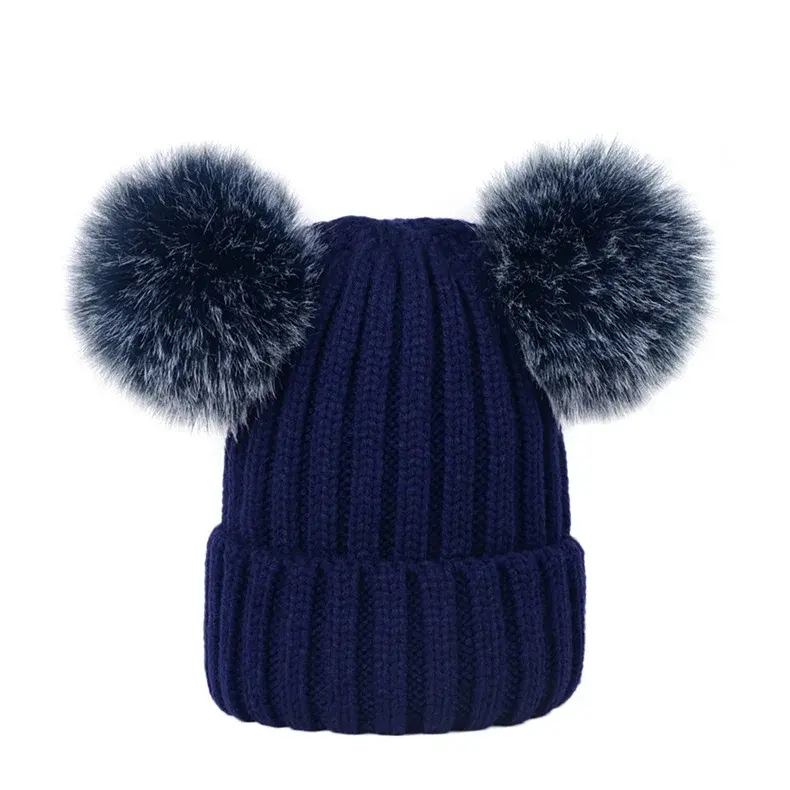 2024 hot sale unisex women and men knitted cap winter artificial faux fox fur hat girls pom beanie hats